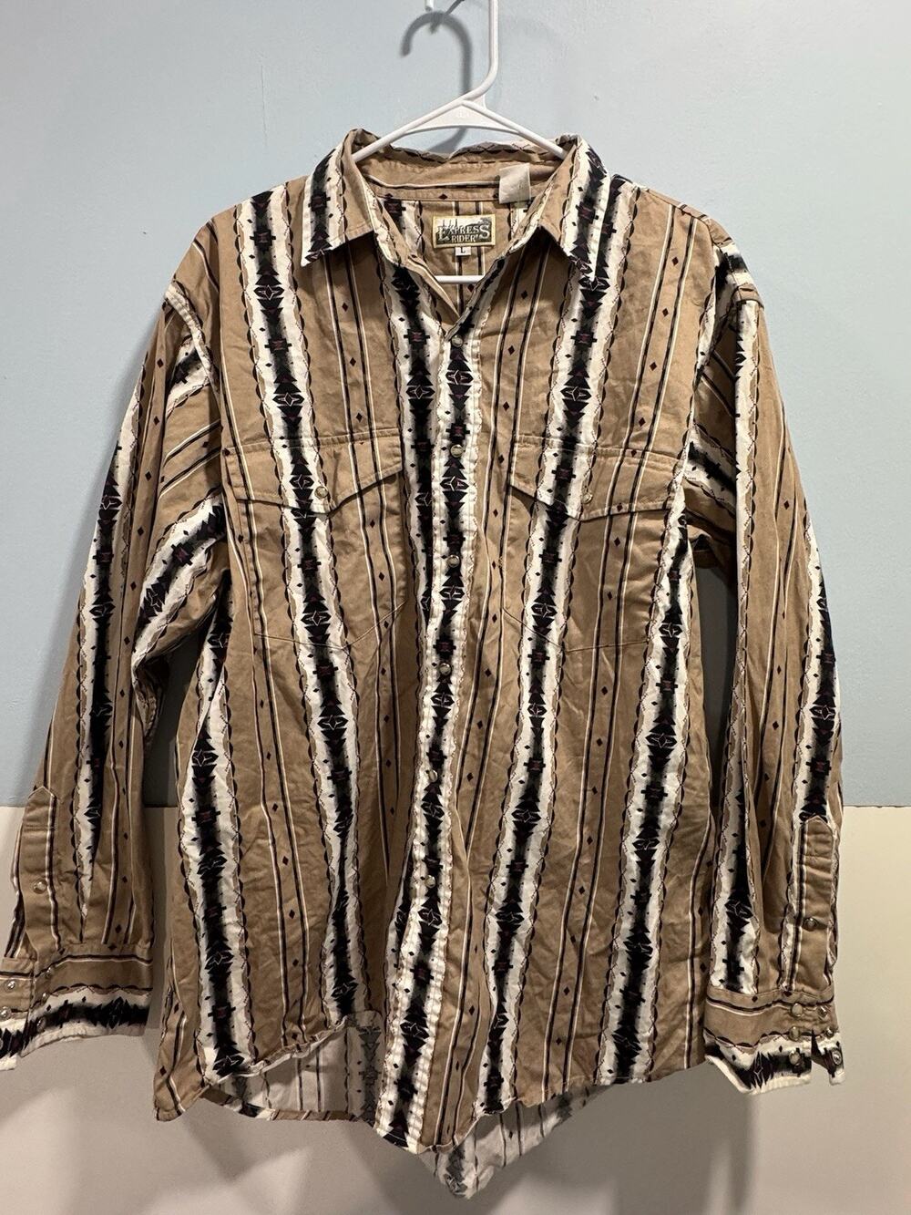 VTG Express Riders Cotton Western Mens Shirt Pearl Snaps Tan Mens Size Large